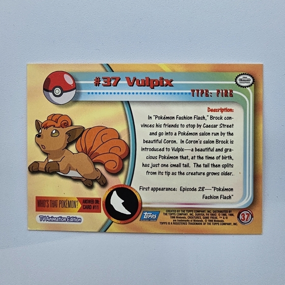 Pokemon 1999 TOPPS Vulpix #37 Blue Logo TV Animation Edition Card - Picture 4 of 4